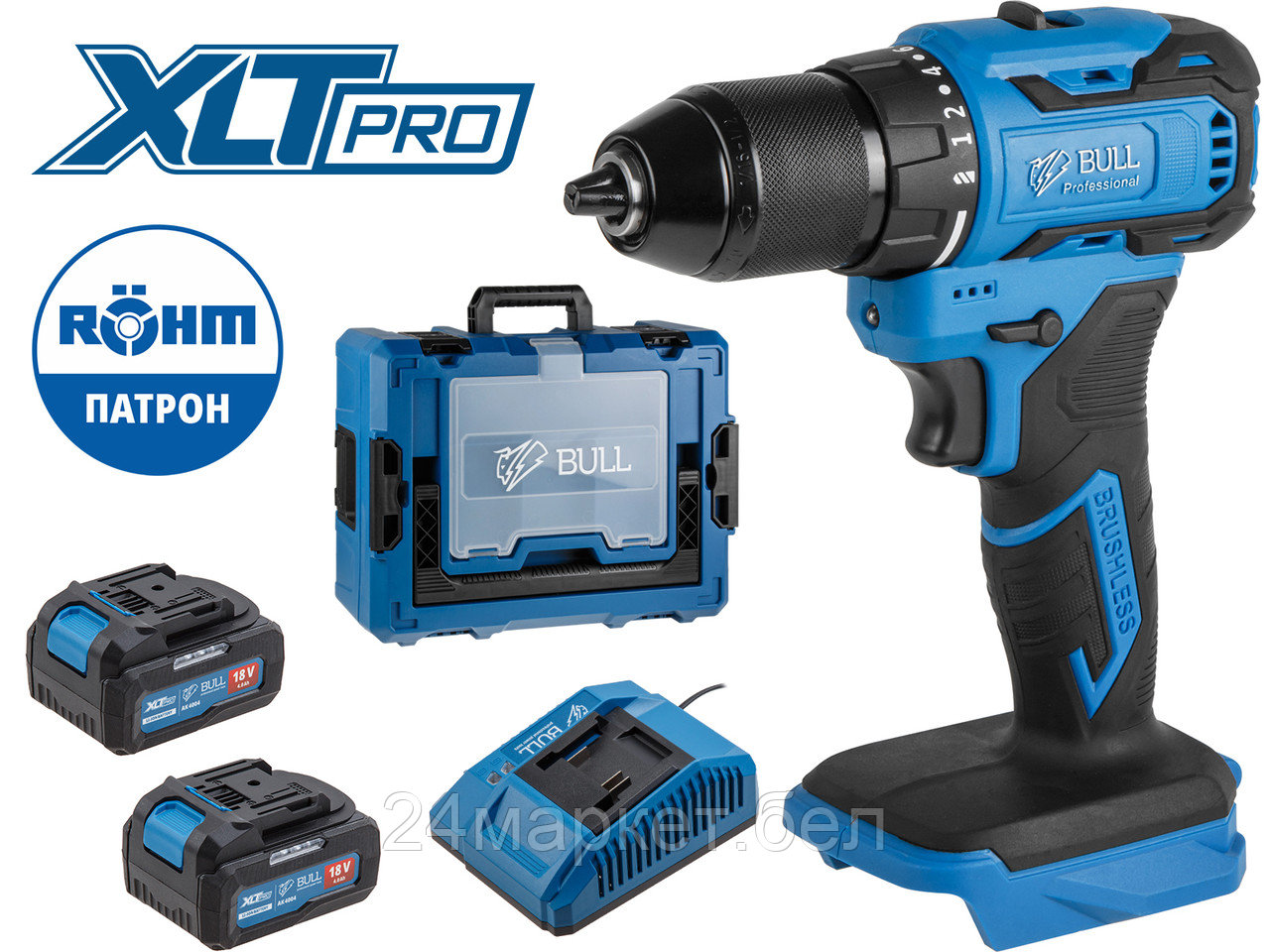 Аккум. дрель-шуруповерт BULL SR 1804 R-series Xcase XLTpro БЕСЩЕТ., Импульс., 18 В, 50 Н*м, 2х4 А*ч (шурупы до 10 мм) 2329057