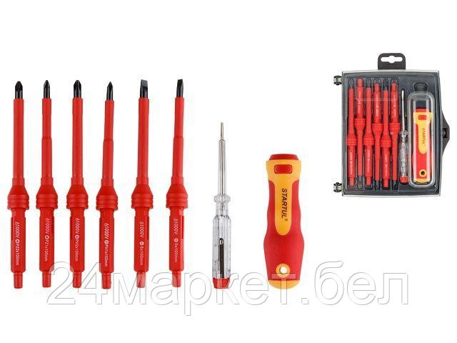 STARTUL Китай Набор отверток диэлектрических 8шт STARTUL MASTER (ST3051-8) (рукоятка, сменные насадки SL5х100, SL6х100, PH1х100, PH2х100, PZ1х100, PZ2х100, тестер)