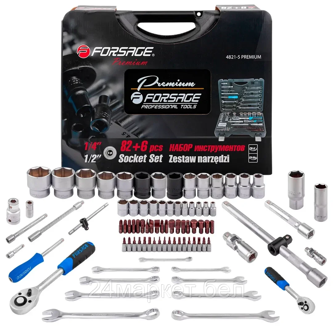 FORSAGE Набор инструментов 82+6пр.1/4"1/2"(6гр.)+(головка-бита 1/4" T40 Forsage F-4821-5 PREMIUM