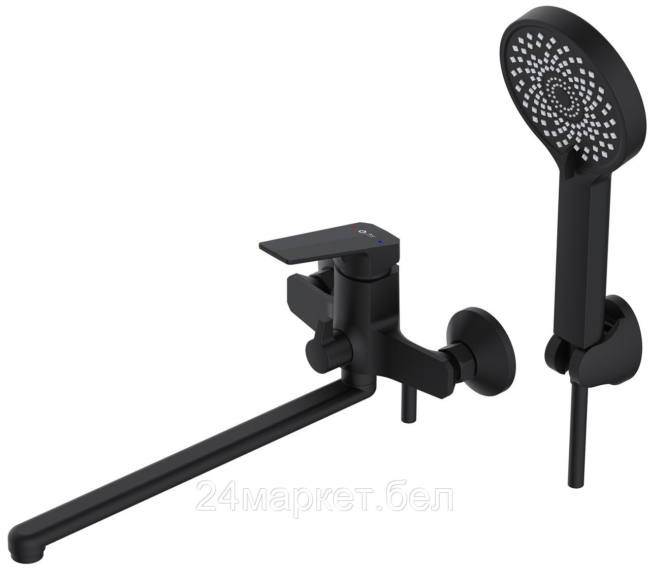 Смеситель для ванны (Lt) D35, серия WIN (black) AV Engineering (Длинный L-излив, длина 323 мм, лейка и шланг в комплекте, поворотный) AVWIN7-BL165-122