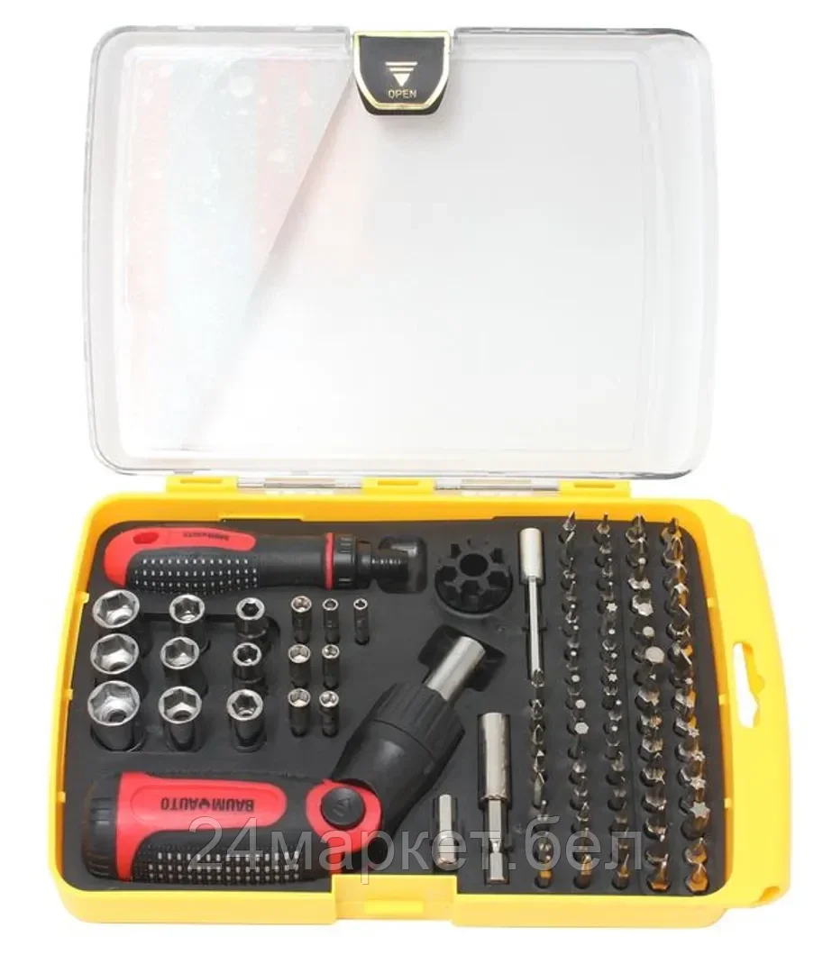 BaumAuto Набор отверток реверсивных поворотных для ювелирных и точных работ, с комплектом бит и головок (90пр.)в пластиковом футляре. BaumAuto BM-30314290