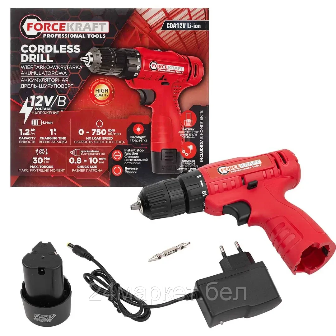 FK-CDA12V Li-ion FORCEKRAFT Шуруповерт аккумуляторный с подсветкой и функцией реверса (12V, 1.2Ah, 750об/мин, 30Нм, патрон 0.8-10мм)
