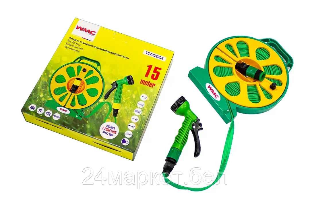 WMC-TG7302008 WMC TOOLS Шланг садовый ПВХ на катушке в комплекте с пистолетом-распылителем (15м, 7 режимов распыления)