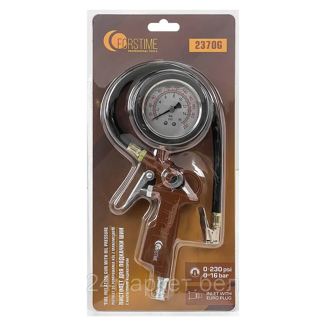 Пистолет для подкачки шин с аналоговым манометром и шлангом (0-16bar, манометр заполнен глицерином), в блистере FORSTIME FT-2370G