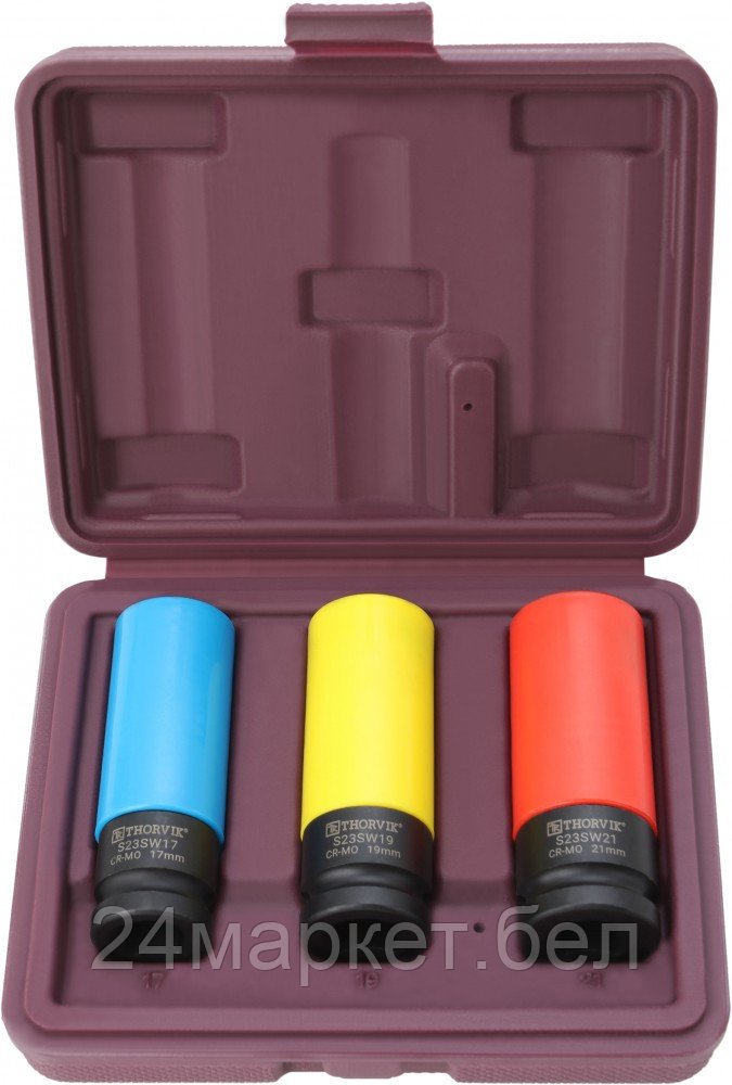 Thorvik S23SW3S S23SW3S Набор головок торцевых ударных глубоких 1/2"DR для лекгосплавных колесных дисков, 17,19,21 мм, 3 предмета