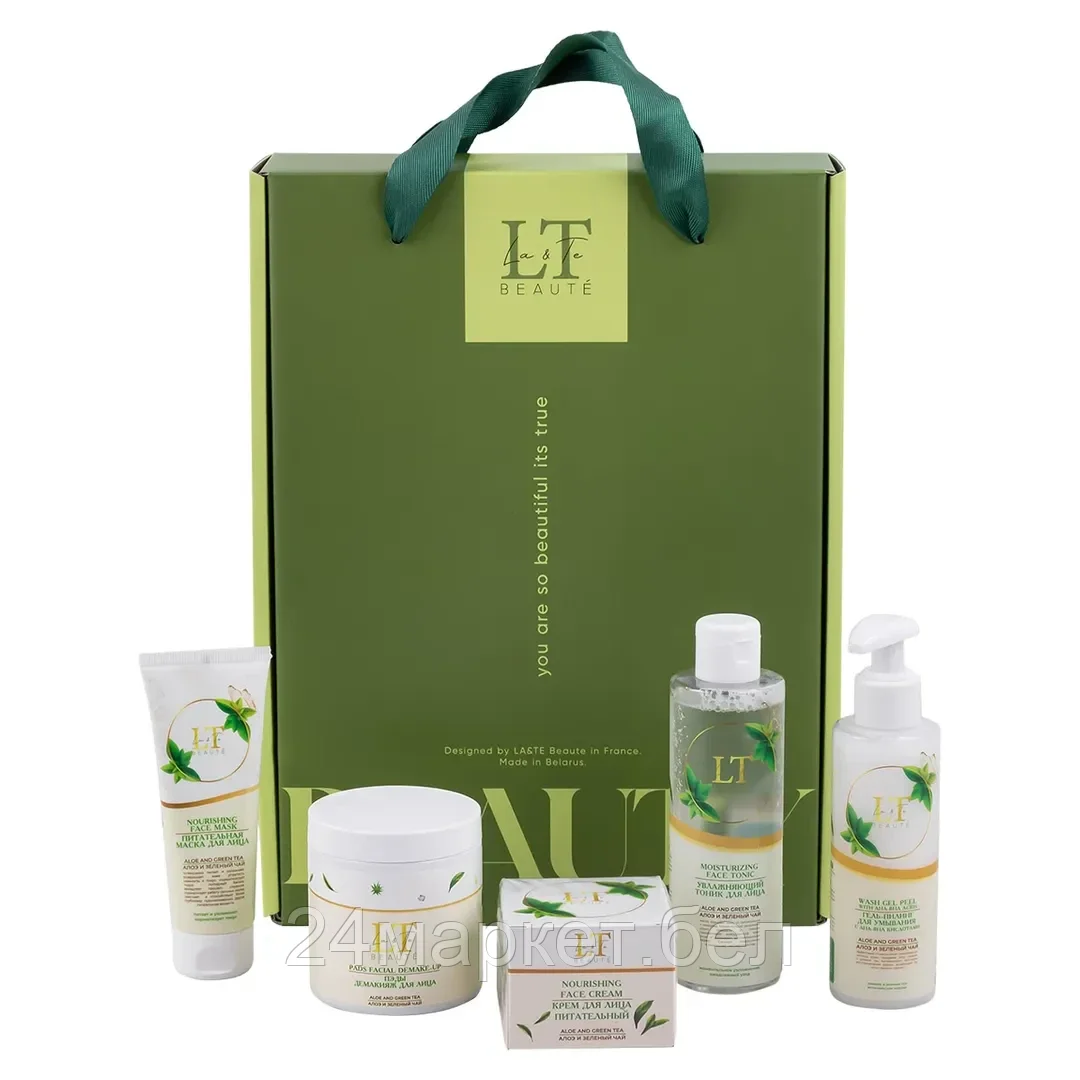 LT-GR8 Набор косметики Алоэ и зеленый чай, 5 предметов ( маска для лица 2159,пэды 2258,крем 2142,гель-пилинг 2241,тоник 2180) La and Te beaute