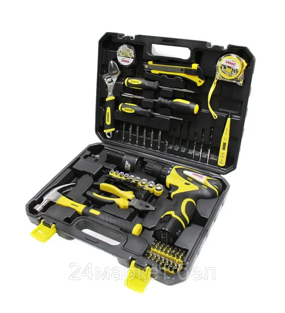 WMC TOOLS Набор инструментов с шуруповертом 68пр.1/4''(6гр)(5-13мм,шарнирно-губцевый инстр.,отвертки,биты,молоток,сверла;12В,0-1350об/мин,28N/M) WMC TOOLS 2068