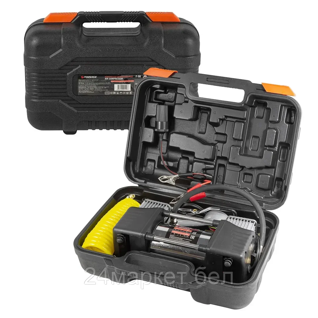 FORSAGE Компрессор поршневой автомобильный двухцилиндровый с фонарем в пластиковом кейсе  с цифровым манометром F-98 "FORSAGE" (65л/мин, 23А) 12V Forsage F-98