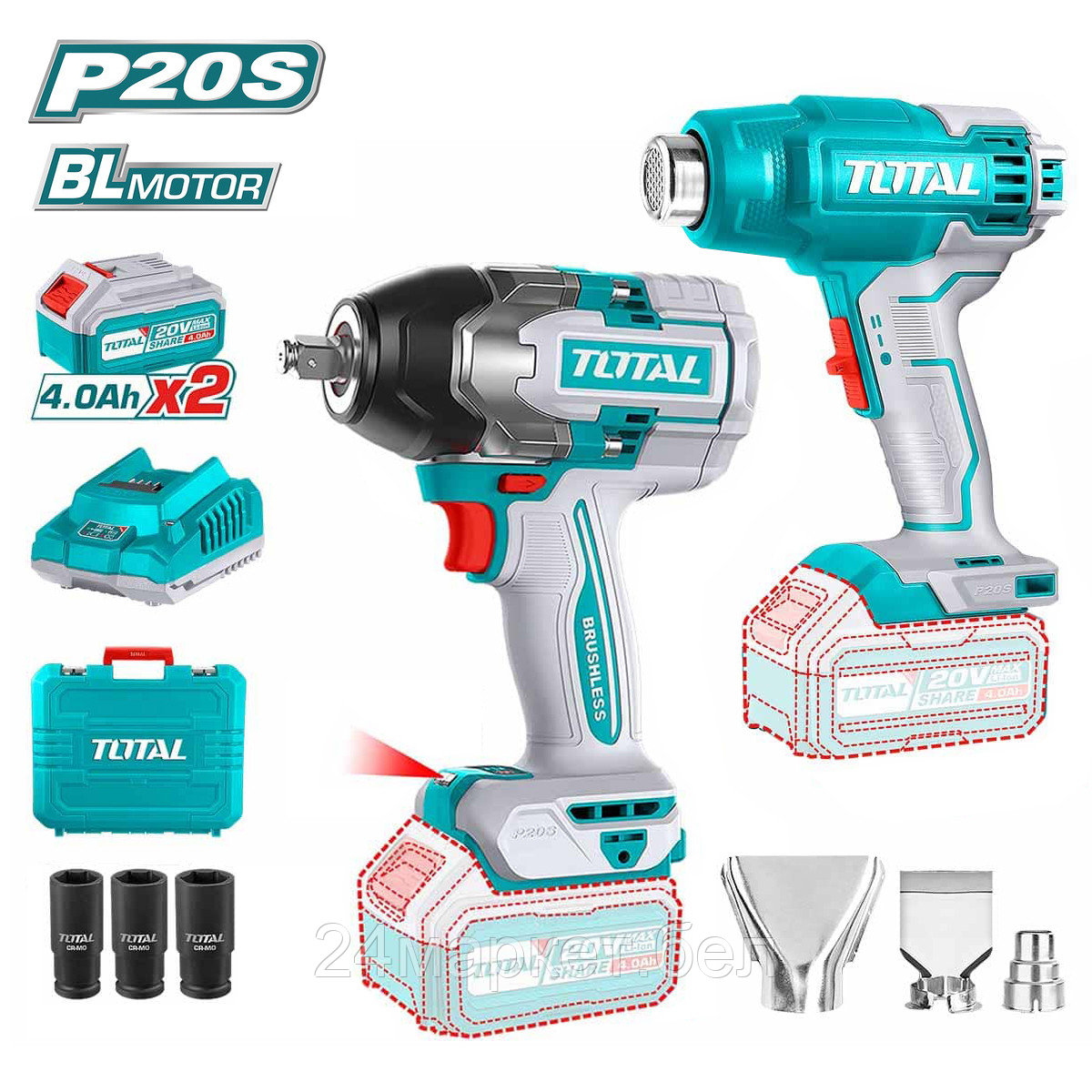 Total TOSLI240489 (гайковерт, фен, 2 АКБ, кейс)