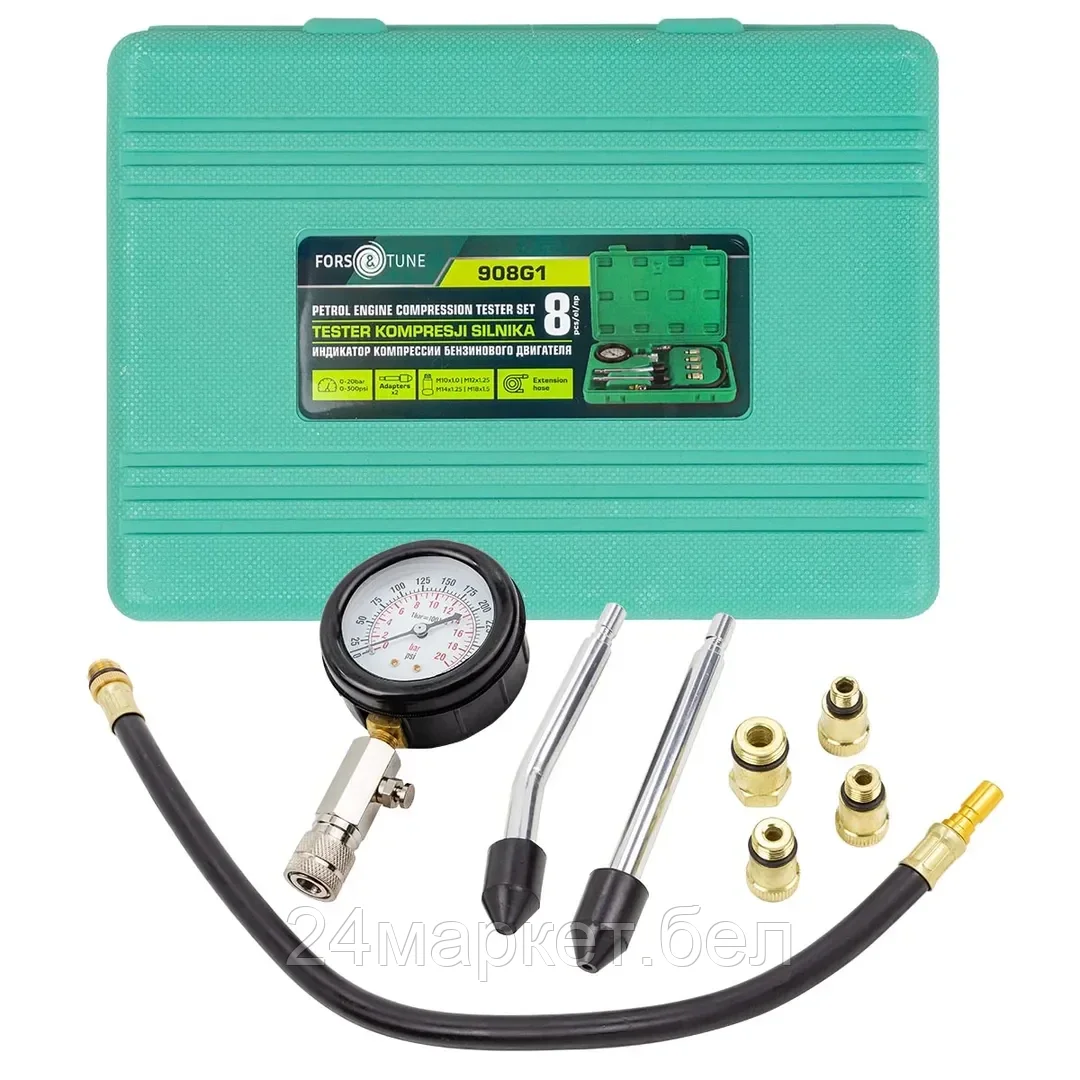 FORSandTUNE-908G1 FORSandTUNE Индикатор компрессии бензинового двигателя 8пр.(0-20Bar, М10х1.0, М12х1.25, М14х1.25, М18х1.5 + 2 жестких прижимных адаптера-переходника),в кейсе