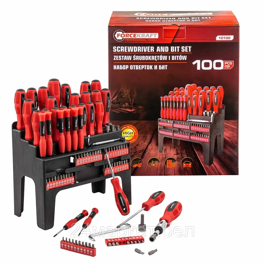 FK-10100 FORCEKRAFT Набор отверток и бит 100пр, на пластиковом стенде