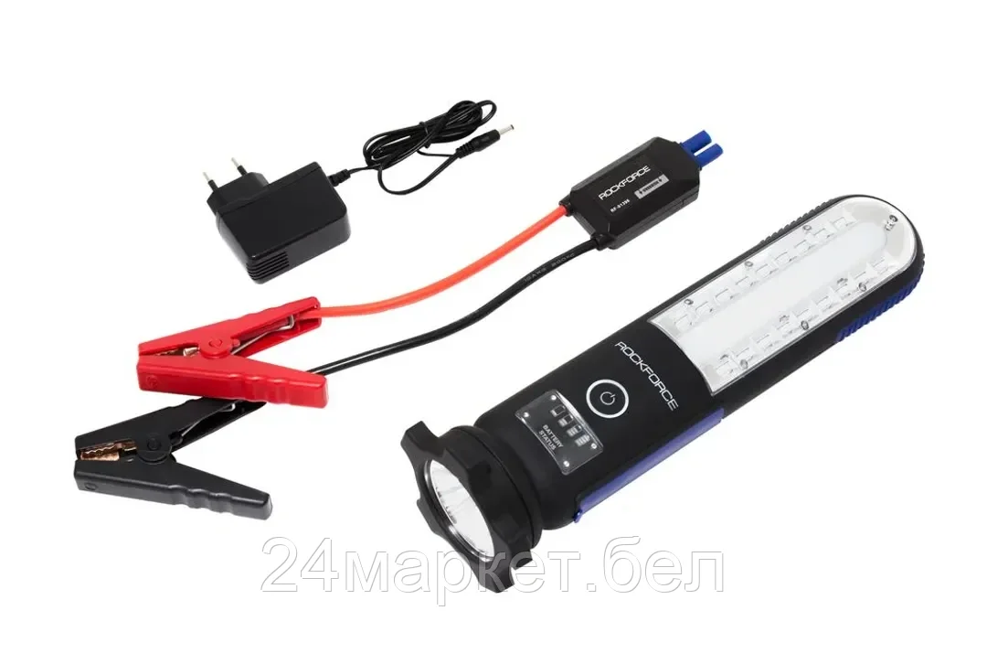 Rock FORCE Фонарь светодиодный аккумуляторный с накопителем и функцией пуска а/м(12V,12000mAH,400Amp,480/60Lumen-бок/торц.свет,водонепр.IP54, магит,инд. зарядки) Rock FORCE RF-01396