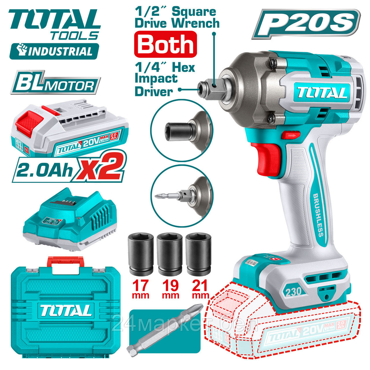 Гайковерт Total TIWLI20236 (с 2-мя АКБ, кейс)