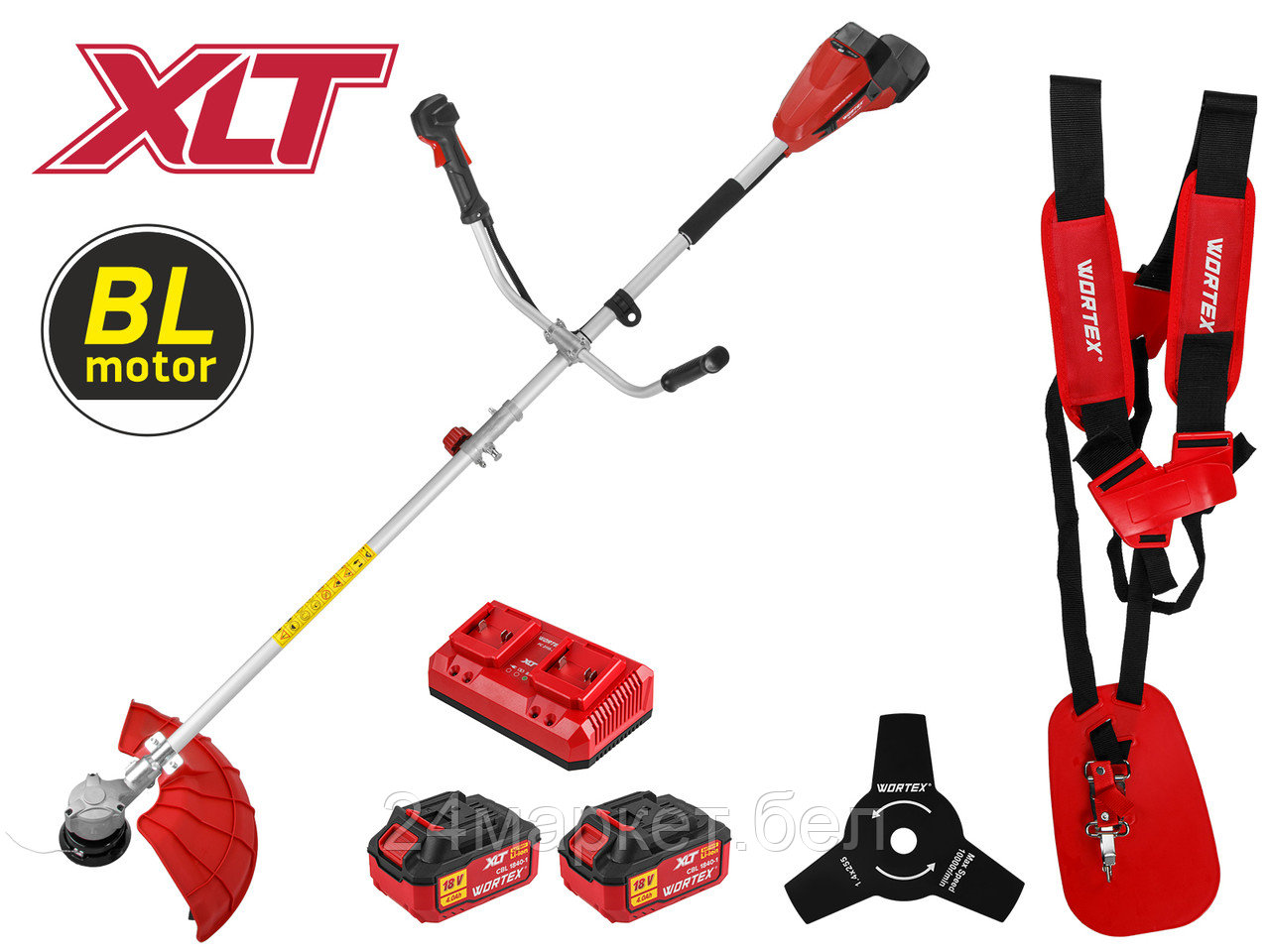 Триммер аккум. WORTEX TB 3036-1 AT XLT SET БЕСЩЁТ.ДВИГ., 18В+18В, шир.скаш.380/255 мм леска/нож