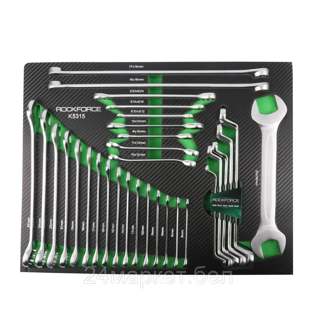 Набор ключей 31пр(комбинированные:8-27мм,накидные удл.-е:6-19мм,накидные:8-19мм,разр.-е:10-13мм;трещоточ-е:8-13мм,рожковый 32х36мм,Е10-Е24)в ложементе Rock FORCE RF-K5315