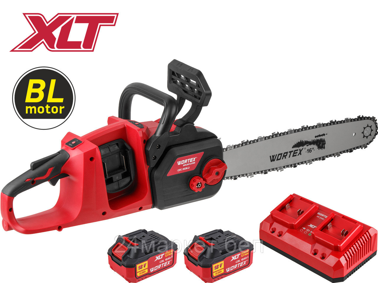 Аккум. пила цепная WORTEX CEC 3536-2 шина 40 см (16"), 3/8" LP, 1.3 мм ALL1 XLT SET БЕСЩЁТ, 18В+18В