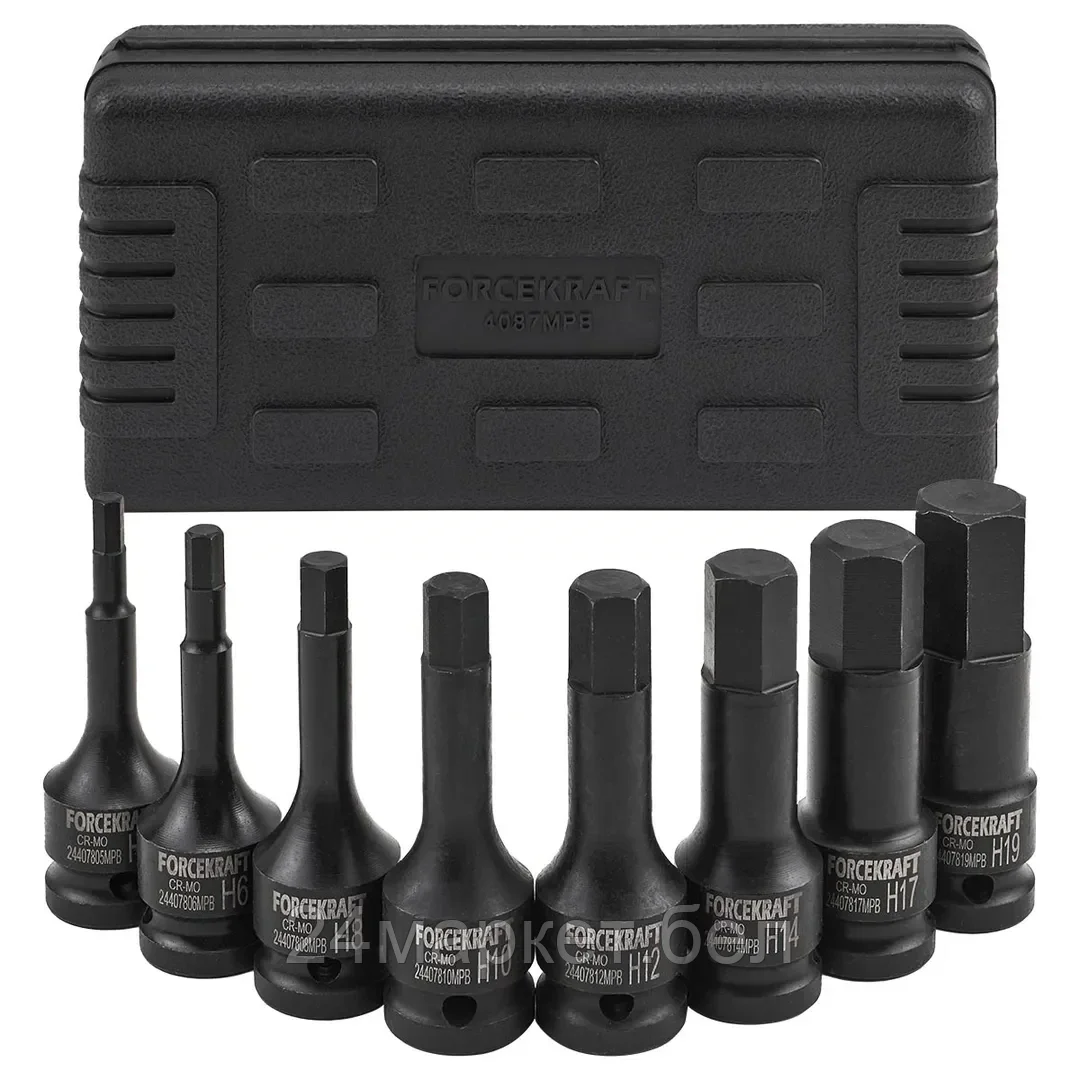 ForceKraft Набор головок-бит 6-гранных ударных 8пр.,1/2"(H5, H6, H8, H10, H12, H14, H17, H19), в кейсе FORCEKRAFT FK-4087MPB