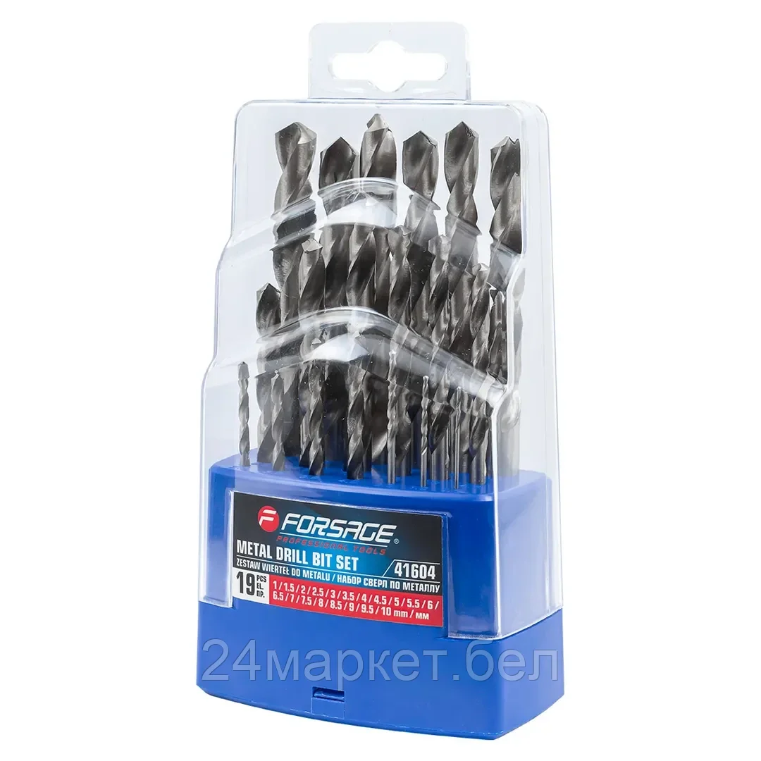 Набор сверл по металлу 19пр(1-10мм, шаг 0,5мм),в пластиковом футляре Forsage F-41604