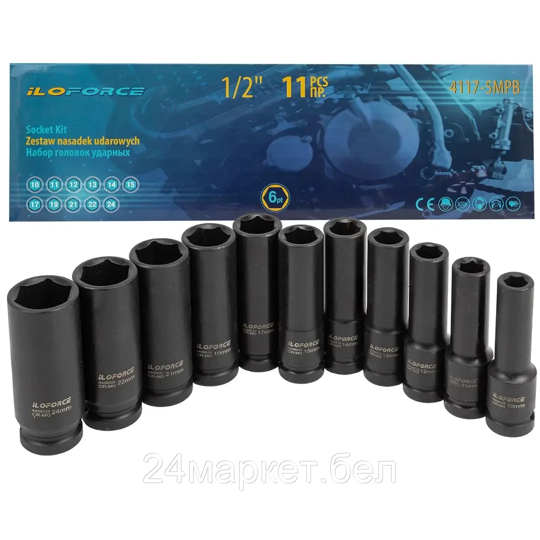 IF-4117-5MPB ILOforce Набор головок ударных глубоких 11пр.1/2''(6-гр.)(10-15,17,19,21,22,24),в кейсе