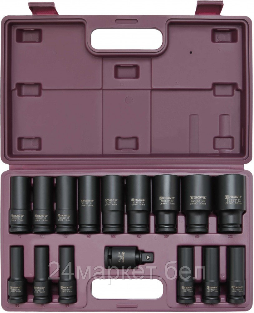 Thorvik S23S2116S S23S2116S Набор головок торцевых ударных глубоких 1/2"DR, 10-32 мм, 16 предметов