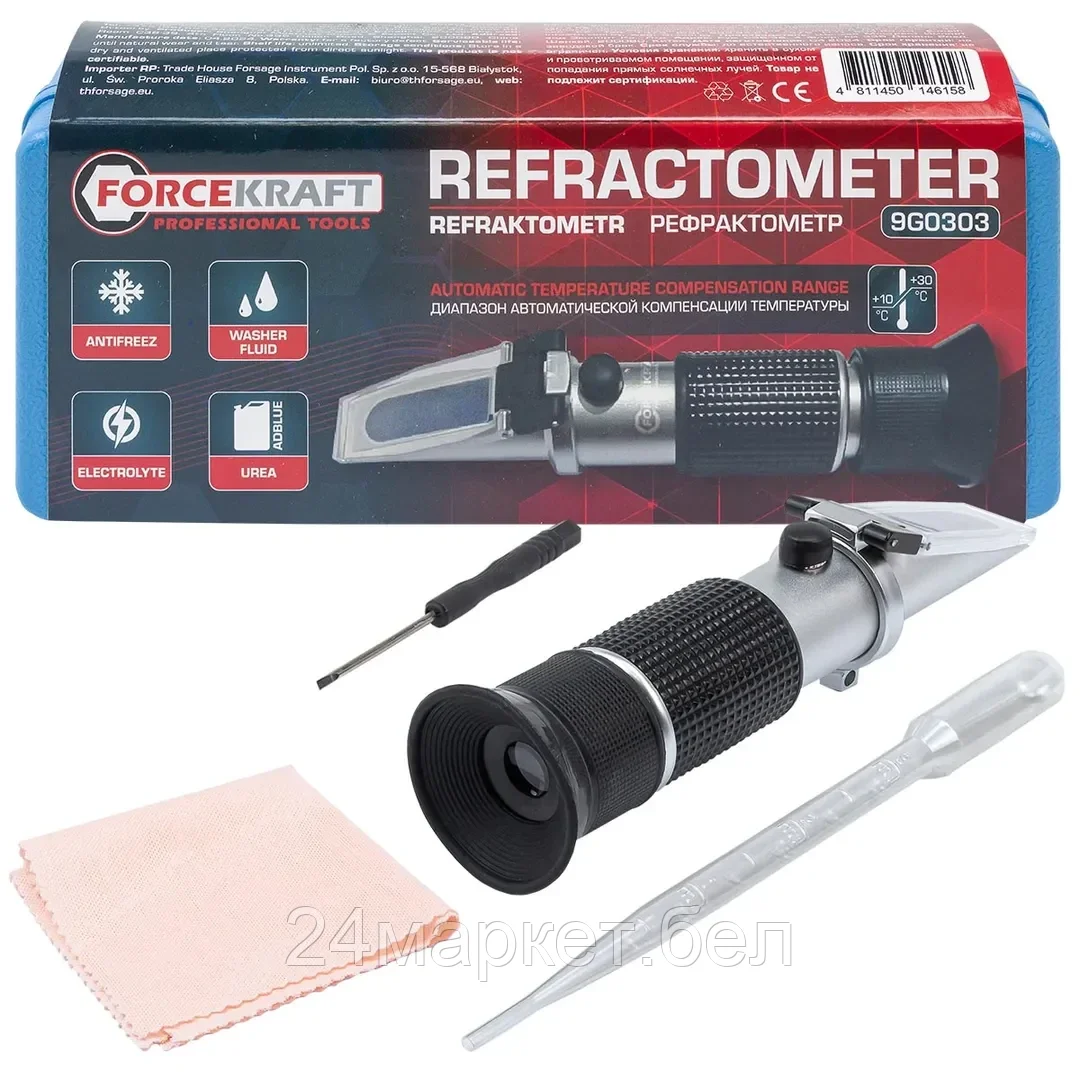 FK-9G0303 FORCEKRAFT Рефрактометр 3в1(антифриз, электролит, омывающая жидкость), в пластиковом футляре