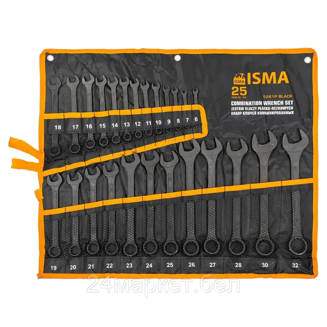 ISMA-5261P BLACK Набор ключей комбинированных 25пр. (6-28, 30, 32мм),на полотне ISMA