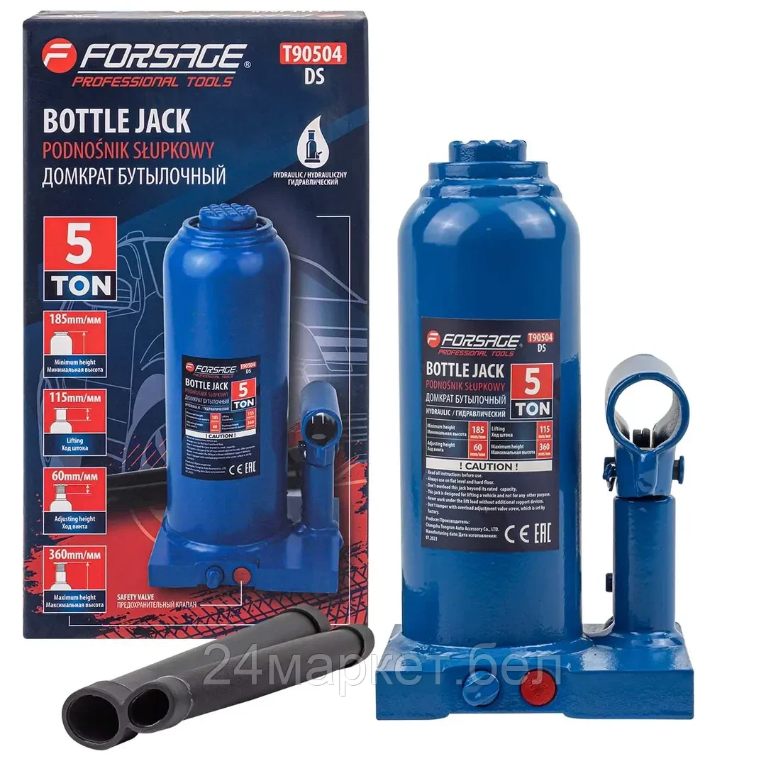 Домкрат бутылочный  5т с клапаном (h min-195мм, h max-395мм) Forsage F-T90504(DS)
