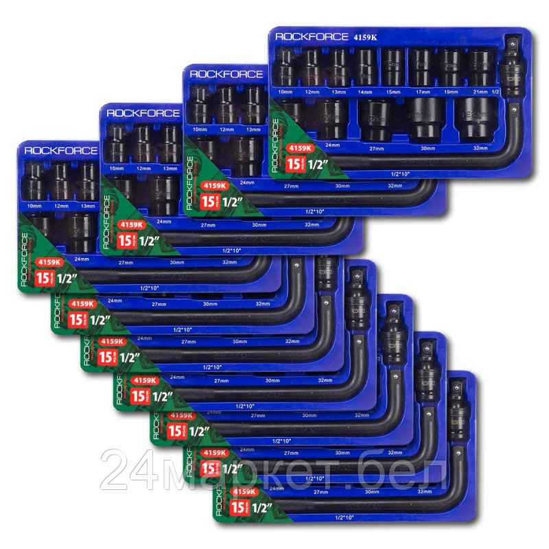 RF-4159K ( 10 K-T ) RockFORCE ( 10 K-T ) Набор головок ударных 15пр. 1/2" (6-гр.) (10,12, 13, 14, 15, 17, 19, 21, 22, 24, 27, 30, 32мм) в ложементе