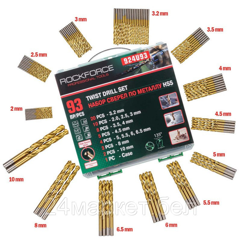 RF-924U93 RockFORCE Сверла по металлу, набор 93пр.