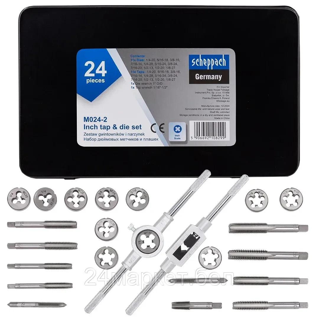 Sch-M024-2 Набор метчиков и плашек дюймовый 24пр. (1/4, 5/16, 3/8, 7/16, 1/2) Scheppach