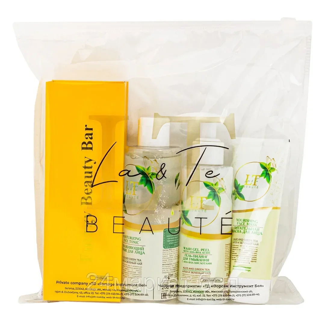 LT-48 Набор Алоэ и зеленый чай(массажер (желтая уп).маска для лица.тоник для лица.гель-пилинг.пакет 250*250) La and Te beaute