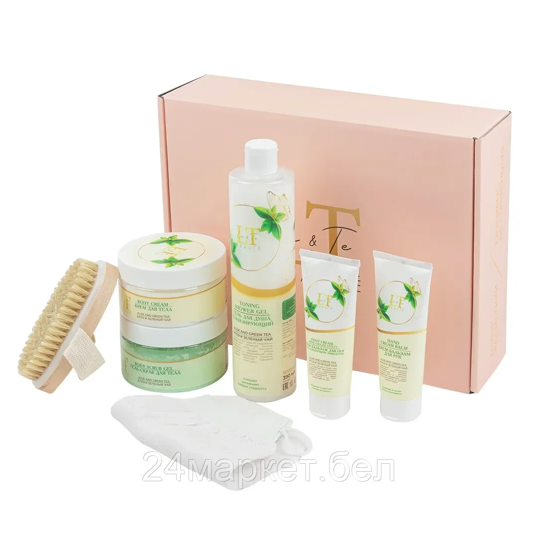 LT-4 GR La and Te beaute Набор Алоэ и зеленый чай(гель для душа.крем бальзам для рук.гель-скраб для тела.крем для ног,крем для тела.щетка массажная.мочалка-рукавица.упаковка)