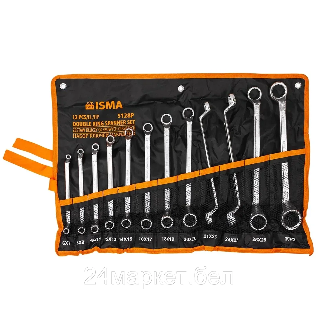 ISMA-5128P Ключи накидные, отогнутые на 75град., набор 12пр. (6х7, 8х9, 10х11, 12х13, 14х15, 16х17, 18х19, 20х22, 21х23, 24х27, 25х28, 30х32мм) ISMA