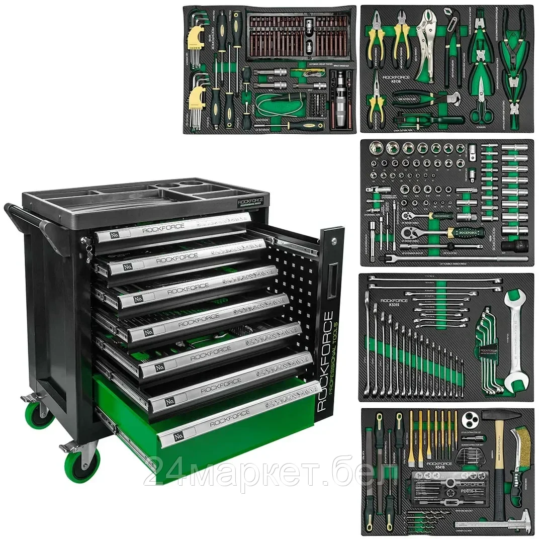 Тележка инструментальная 7-и полочная с набором инструментов 274пр и дополнительной боковой секцией 810х480х850мм Rock FORCE RF-55300