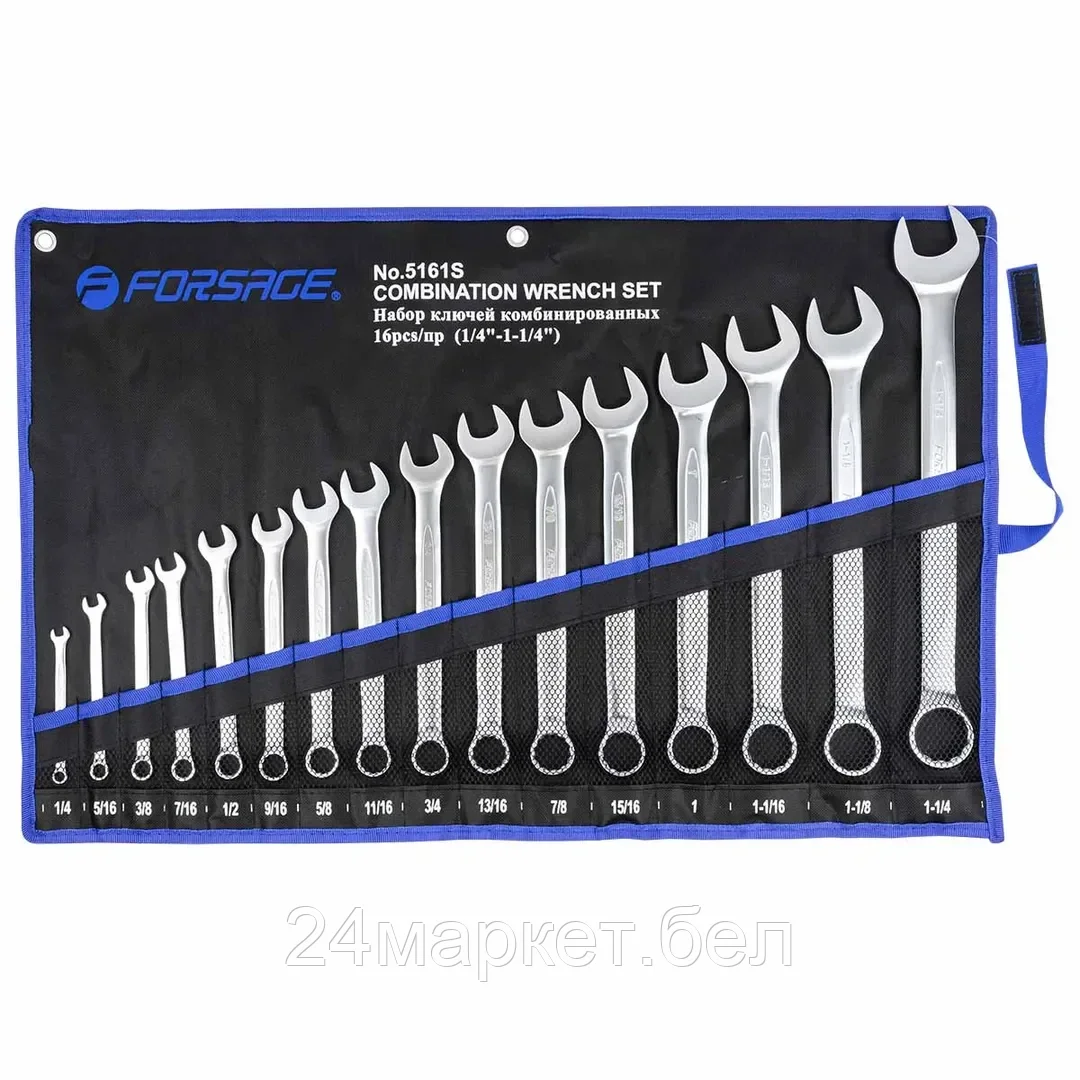 FORSAGE Набор ключей комбинированных дюймовых 16пр.(1/4,5/16,3/8,7/16,1/2,9/16,5/8,11/16,3/4,13/16,7/8,15/16,1,1-1/16,1-1/8,1-1/4") на полотне Forsage F-5161S