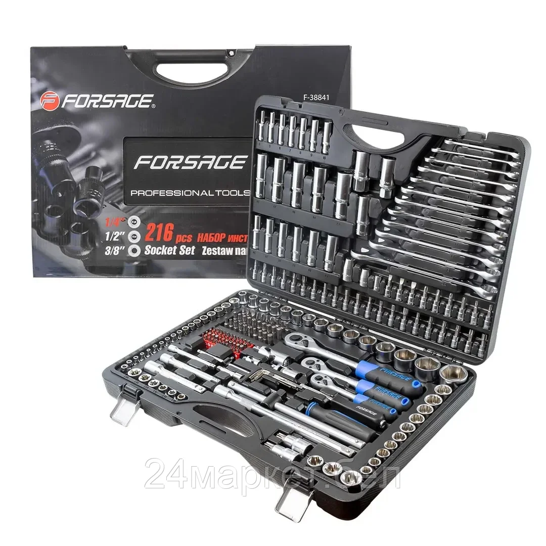 FORSAGE Набор инструментов 216пр. 1/4", 3/8", 1/2" трещотка с улучшенным силовым механизмом (6гр.)(4-32мм) Forsage F-38841(buh 340)