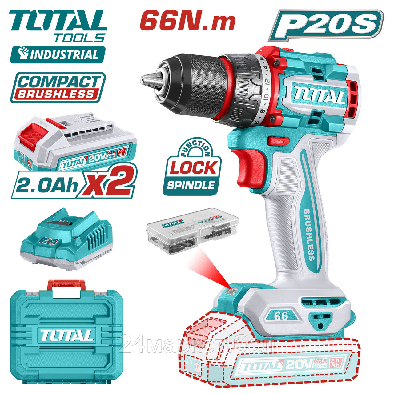 Дрель-шуруповерт Total TDLI20668 (с 2-мя АКБ, кейс)
