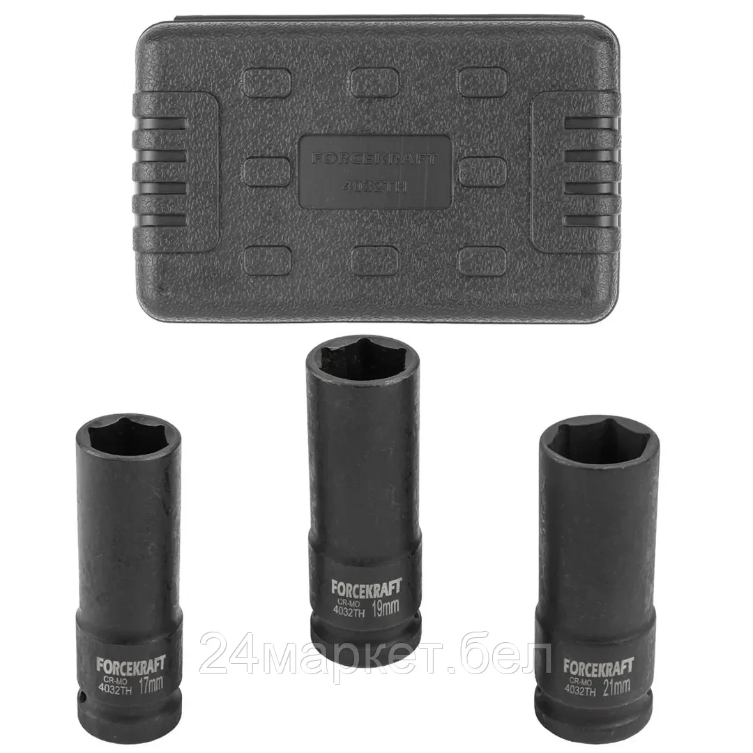 FK-4032TH FORCEKRAFT Набор головок ударных тонкостенных 3пр., 1/2" (17,19,21мм, 6-гран.)в кейсе