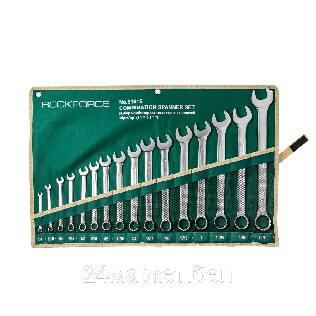 Rock FORCE Набор ключей комбинированных дюймовых 16пр.(1/4,5/16,3/8,7/16,1/2,9/16,5/8,11/16,3/4,13/16,7/8,15/16,1,1-1/16,1-1/8,1-1/4мм)на полотне Rock FORCE RF-5161S