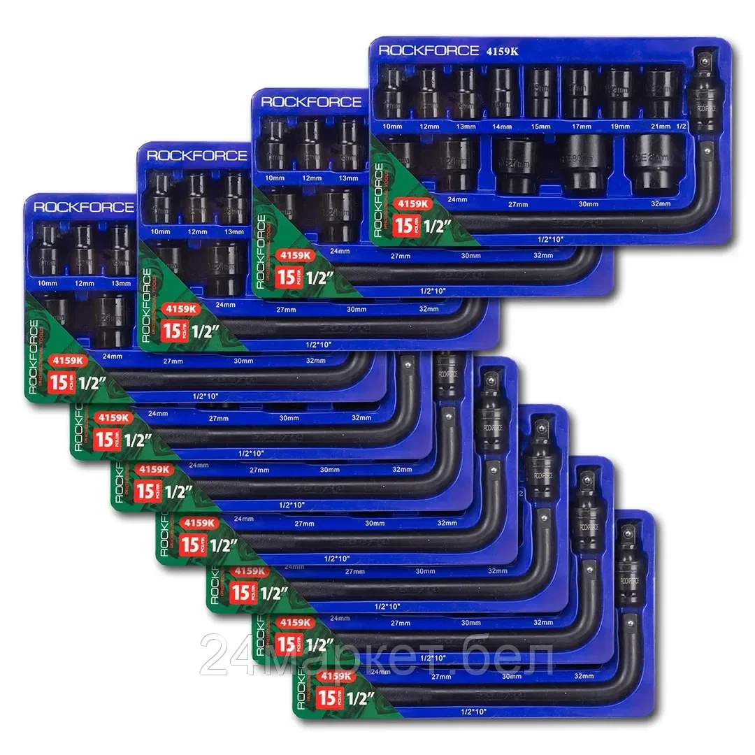 RF-4159K ( 10 K-T ) RockFORCE ( 10 K-T ) Набор головок ударных 15пр. 1/2" (6-гр.) (10,12, 13, 14, 15, 17, 19, 21, 22, 24, 27, 30, 32мм) в ложементе