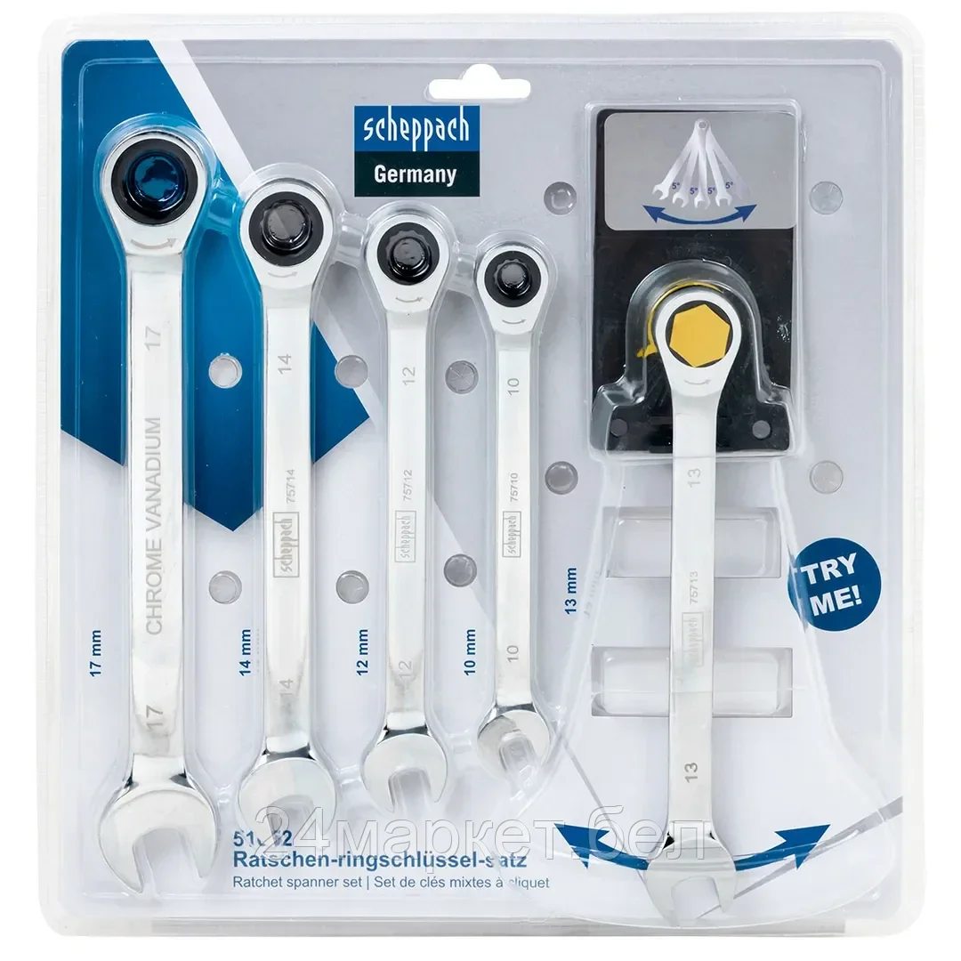 Sch-51052 Ключи комбинированные трещоточные, набор 5пр. (10, 12-14, 17мм) Scheppach
