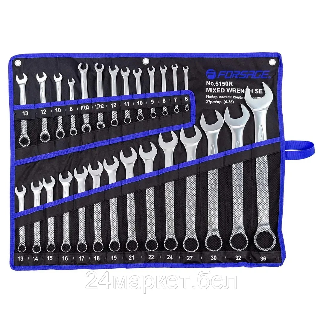 FORSAGE Набор ключей комбинированных универсальный 27пр.(6-36мм),разрезные 2пр(10-12,11-13мм) трещоточные 4пр(8-13мм) на полотне Forsage F-5150R