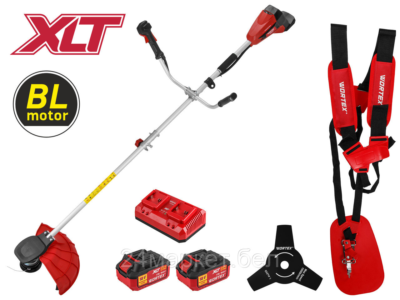 Триммер аккум. WORTEX TB 3036 AT XLT SET БЕСЩЁТ.ДВИГ., 18В+18В, шир.скаш.380/255 мм леска/нож