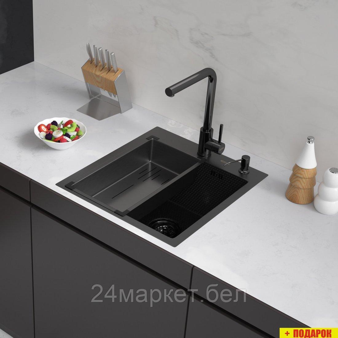 Кухонная мойка ARFEKA Eco AR мойка 450*500, коландер G, дозатор Black Decor