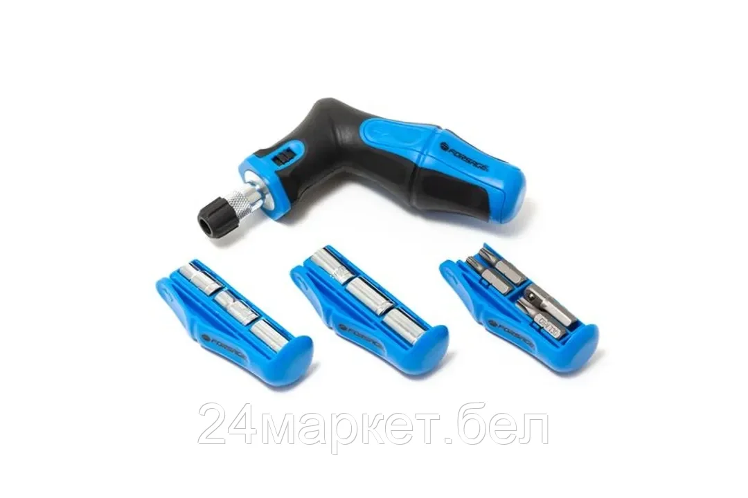 FORSAGE Отвертка угловая реверсивная с набором бит и головок,24пр.(PH:1,2,3;PZ:1,2,3;SL:3,4,5,6мм;T:10,15,20,25,30;головки:5,6,7,8,9,10мм)в блистере+сумка Forsage F-8148R24