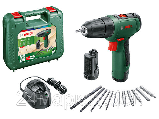 BOSCH Венгрия Аккум. дрель-шуруповерт BOSCH EasyDrill 1200 в чем. + набор сверл и бит (12.0 В, 2 акк., 1.5 А/ч Li-Ion, 2 скор., 30 Нм, шурупы до 6 мм)