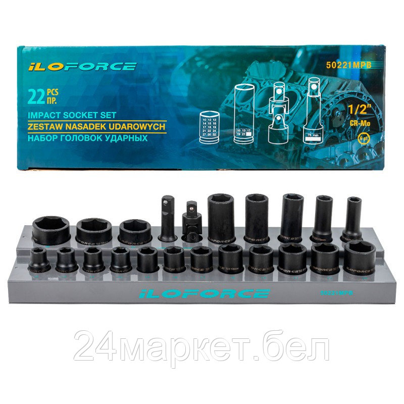 IF-50221MPB ILOforce Набор головок ударных 22пр.1/2"(6-гр.)(10,12-19,21,22,24,27,30,32мм;глубокие-10,13,17,19,21мм;удлинитель 75мм,кардан),в кейсе