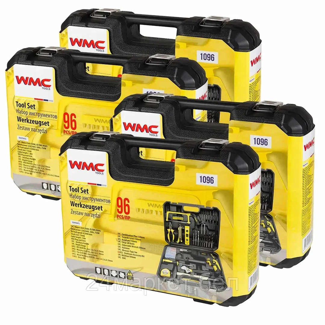 WMC-1096 ( 4 K-T ) WMC TOOLS ( 4 K-T ) Набор инструментов 96пр(дрель ударная ,набор бит , сверло ,плоск , уровень ,ножовка ,кл разводной ,рулетка ,ножовка ,уровень ,нож , комплект