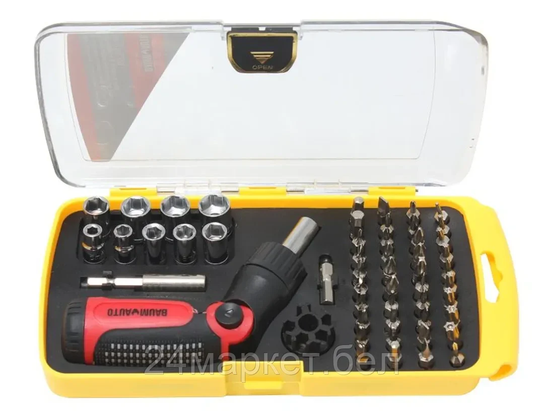 Отвертка реверсивная поворотная, с комплектом бит и головок (53пр.)в пластиковом футляре. BM-30314353