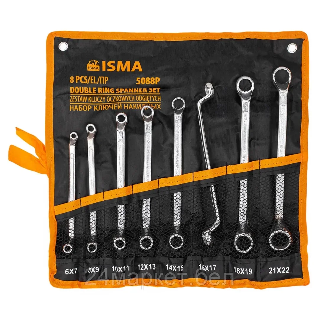ISMA-5088P Ключи накидные, отогнутые на 75град., набор 8пр. (6х7, 8х9, 10х11, 12х13, 14х15, 16х17, 18х19, 21х22мм) ISMA